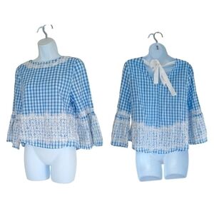 Vintage Blue White Lace Gingham Prairie Shirt Small